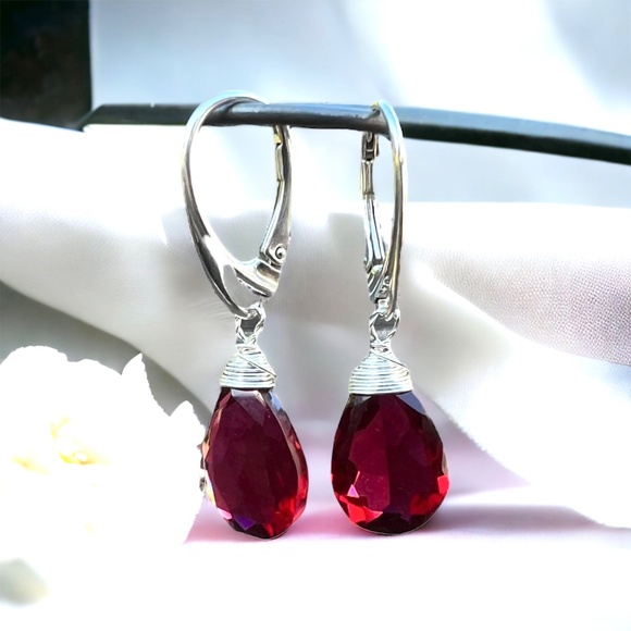 Sterling Silver Ruby Earrings Wire Wrapped , July Birthstone , 40th Anniversary - Picture 3 of 8